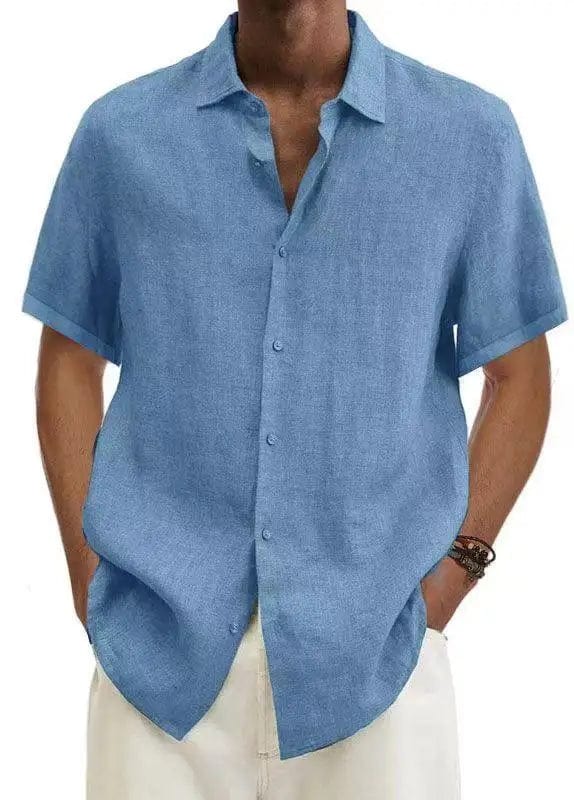 Men's cotton linen short sleeve casual button-down shirt with turn-down collar, loose fit, ideal for summer, by Showlu Fashion.