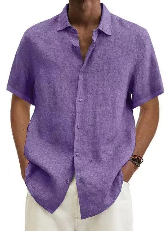 Men's cotton linen short sleeve button-down shirt with turn-down collar, loose fit, casual style, in various sizes.