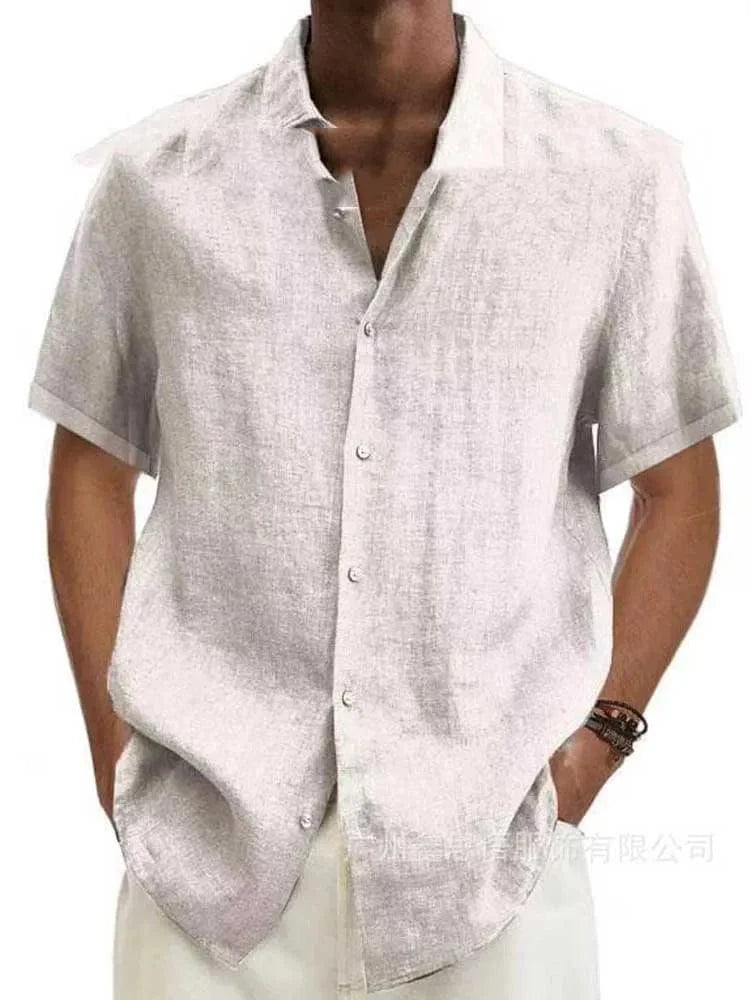 Men's cotton linen short sleeve button-down shirt with turn-down collar, loose fit, casual style, in various sizes.
