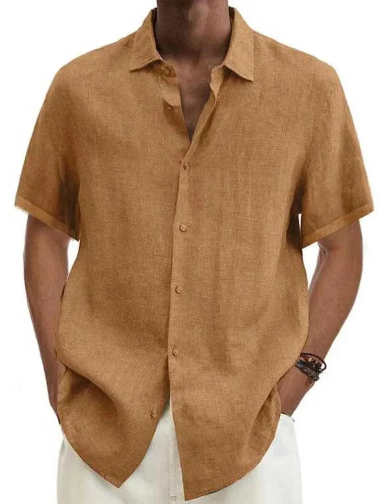 Men's cotton linen short sleeve casual button-down shirt with turn-down collar, loose fit, in various sizes, from Showlu Fashion Store.