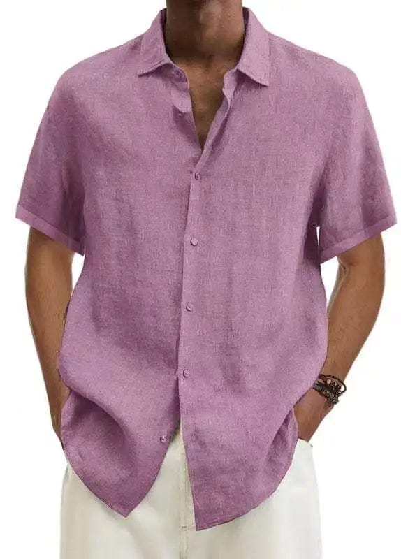 Men's cotton linen short sleeve casual button-down shirt with turn-down collar, loose fit, available in multiple sizes.