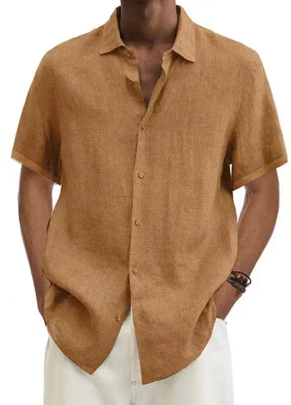 Men's cotton linen short sleeve button-down shirt with turn-down collar, loose fit, casual style, shown in natural fabric detail.