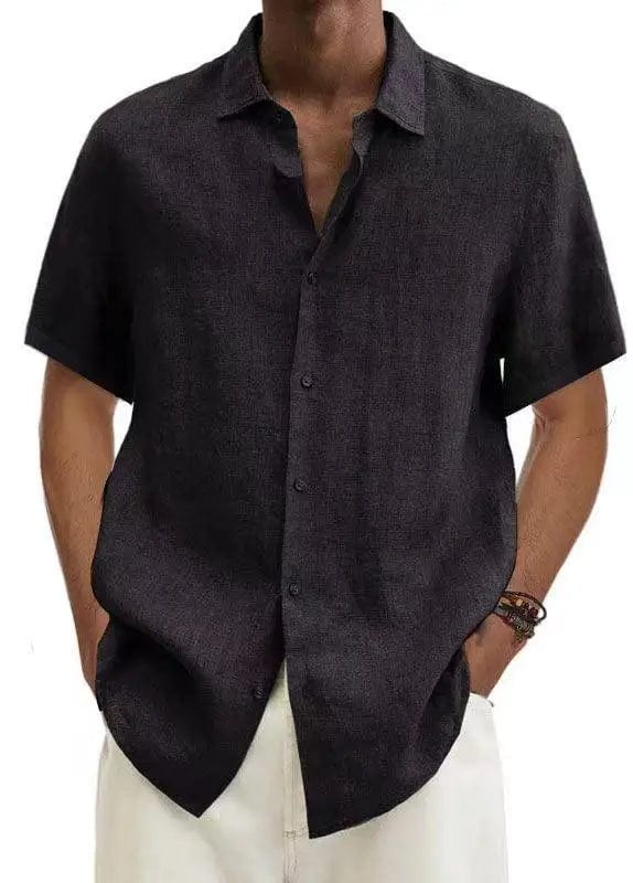 Men's cotton linen short sleeve casual button-down shirt with turn-down collar, loose fit, in various sizes from Showlu Fashion.