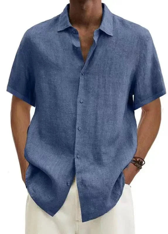Men's cotton linen short sleeve casual button-down shirt with turn-down collar, loose fit, in natural fabric and summer style.