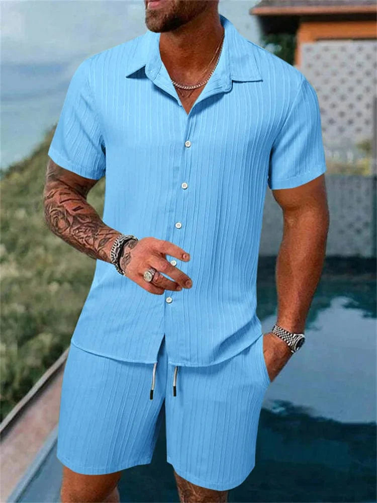 Showlu men's cotton-linen striped short-sleeved shirt and matching shorts set displayed on a hanger.