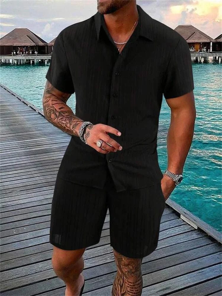 Showlu men's cotton-linen striped short-sleeved shirt and matching shorts set, casual summer outfit with vertical stripe pattern.
