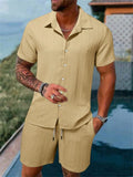 Showlu men's cotton-linen striped short-sleeved shirt and matching shorts set, casual summer clothing for men.