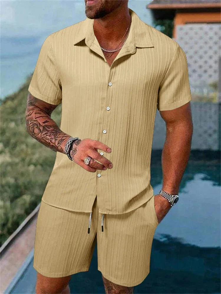 Showlu men's cotton-linen striped short-sleeved shirt and matching shorts set, casual summer clothing for men.