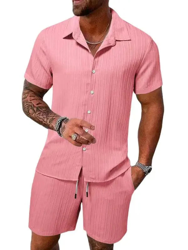 Showlu men's cotton-linen striped short-sleeved shirt and matching shorts set displayed on a hanger.