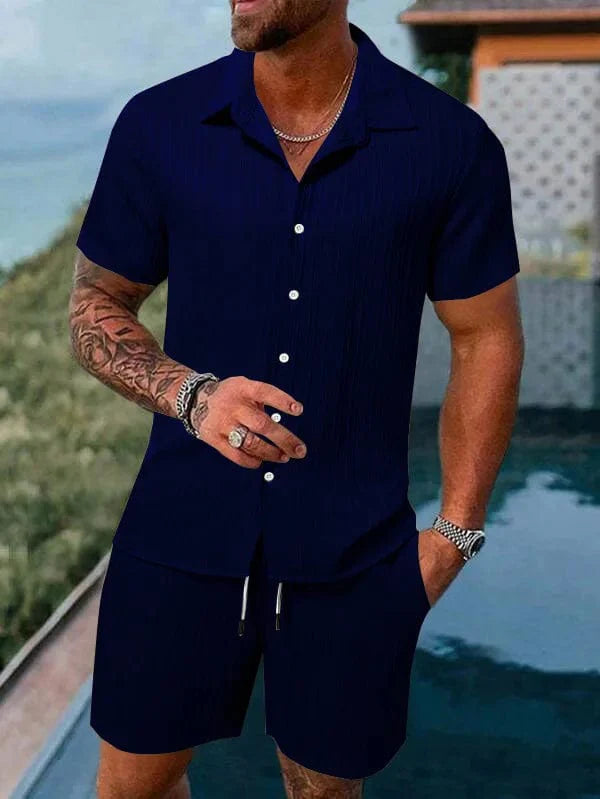 Showlu men's cotton-linen striped short-sleeved shirt and matching shorts set, lightweight and casual for summer wear.