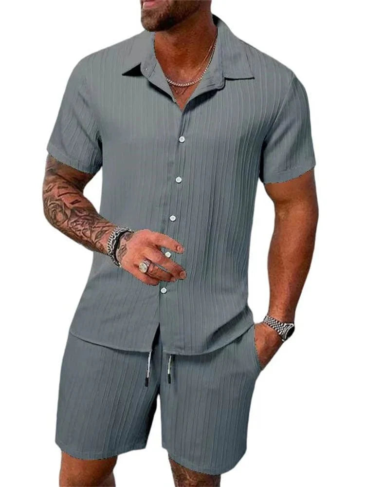 Showlu men's cotton-linen striped short-sleeved shirt and matching shorts set, casual summer outfit with horizontal stripe pattern.