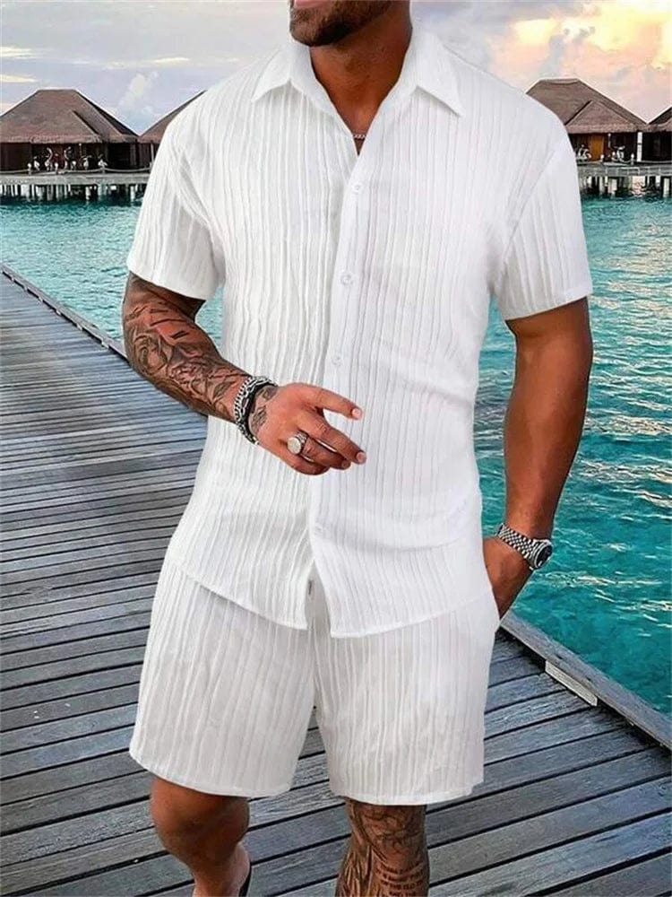 Showlu men's cotton-linen striped short-sleeved shirt and matching shorts set, lightweight and casual summer clothing.