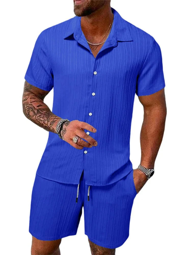 Showlu men's cotton-linen striped short-sleeved shirt and matching shorts set, casual summer outfit, lightweight fabric, stylish design