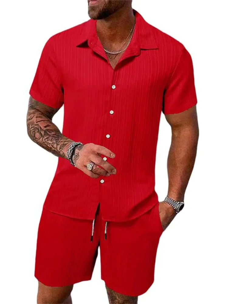Showlu men's cotton-linen striped short-sleeved shirt and matching shorts set, featuring a casual, breathable summer style.