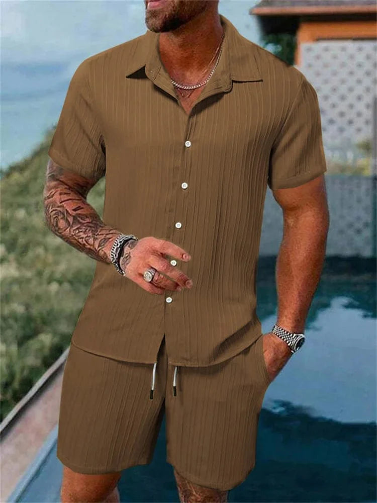 Showlu men's cotton-linen striped short-sleeved shirt and matching shorts set, lightweight and casual summer outfit.