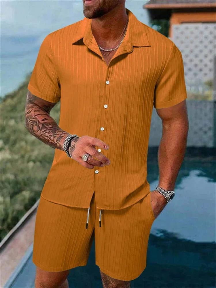 Showlu men's cotton-linen striped short-sleeved shirt and matching shorts set, casual summer clothing, displayed on a hanger.