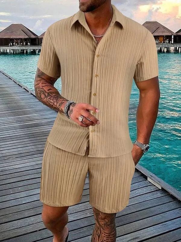 Showlu men's cotton-linen striped short-sleeved shirt and matching shorts set, casual summer outfit with breathable fabric.