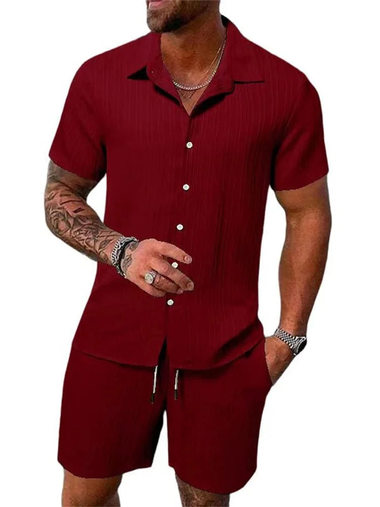 Showlu men's cotton-linen striped short-sleeved shirt and matching shorts set displayed on a hanger, lightweight and casual summer outfit.
