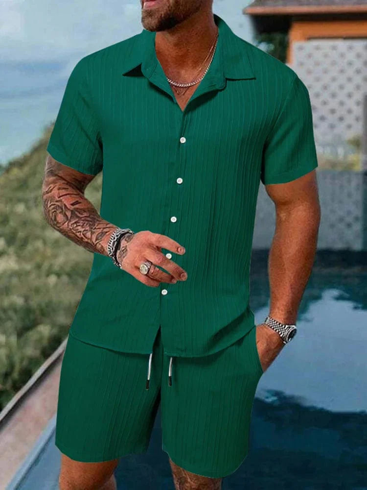 Showlu men's cotton-linen striped short-sleeved shirt and matching shorts set, casual summer clothing for men.