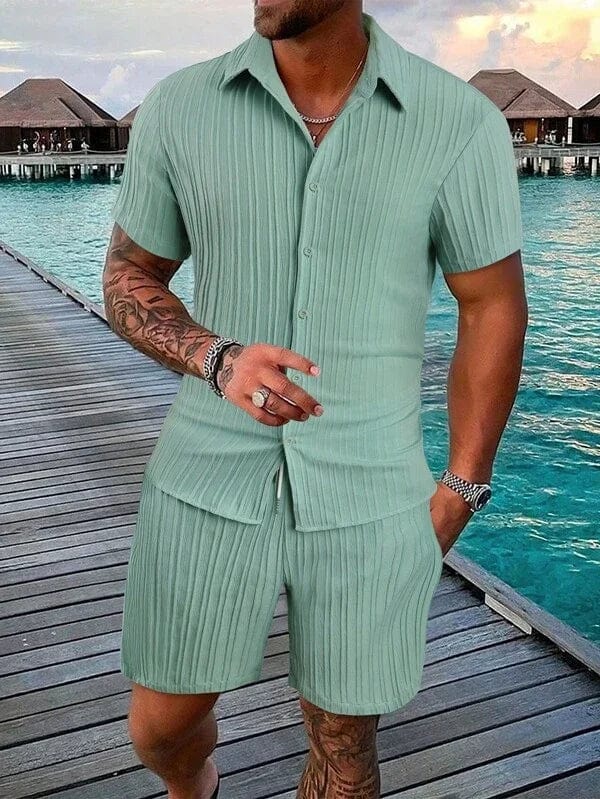 Showlu men's cotton-linen striped short-sleeved shirt and matching shorts set displayed on a hanger.