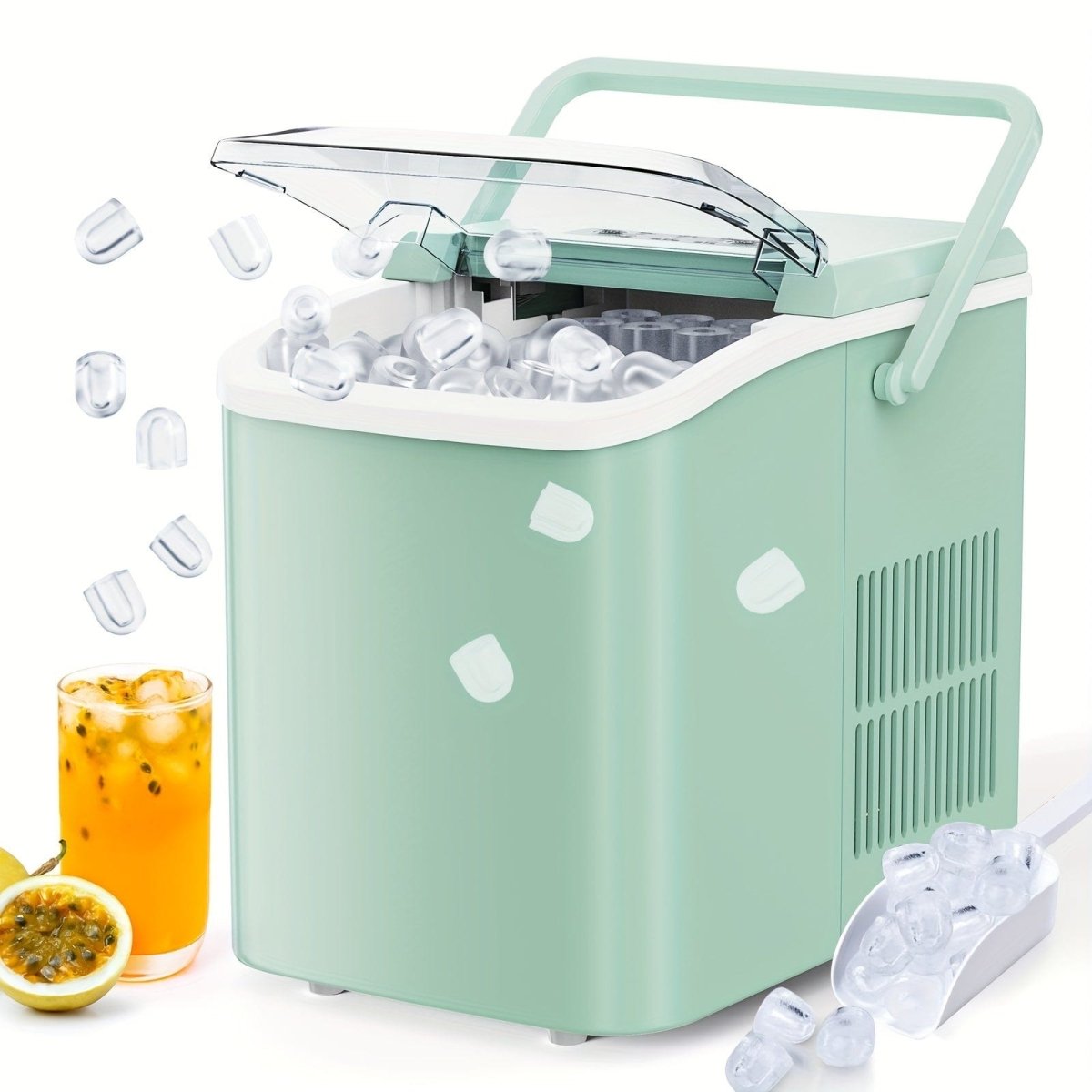 Portable OLIXIS ice maker from SHOWLU FASHION STORE producing bullet ice cubes, with ice scoop and basket on a countertop.
