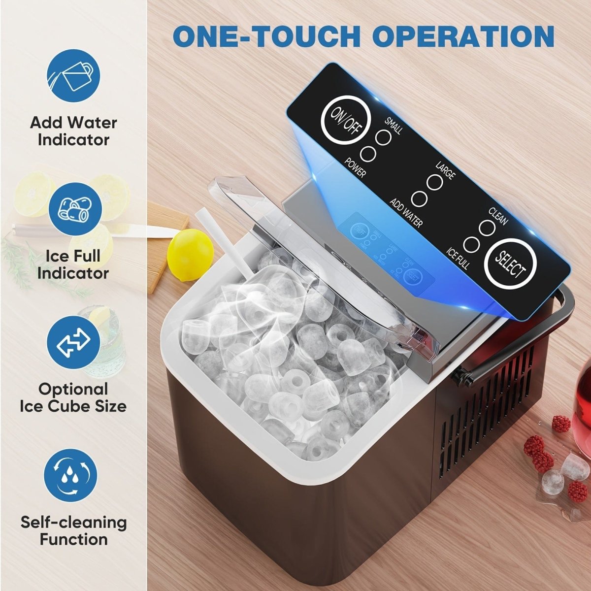 Portable OLIXIS ice maker from SHOWLU FASHION STORE producing bullet ice, self-cleaning countertop machine with ice scoop and basket.