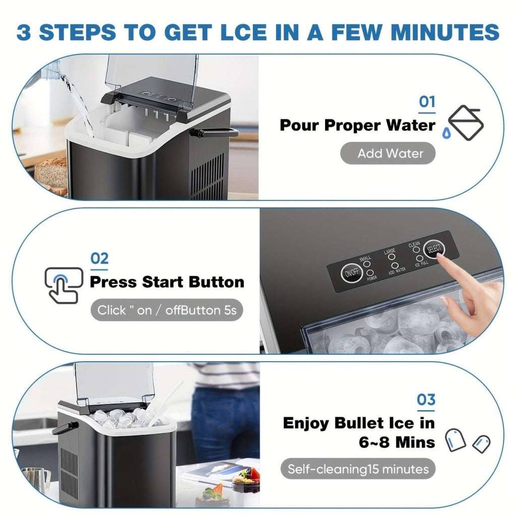 Portable OLIXIS Ice Maker from SHOWLU FASHION STORE producing bullet ice, with ice scoop, basket, and handle on a countertop.