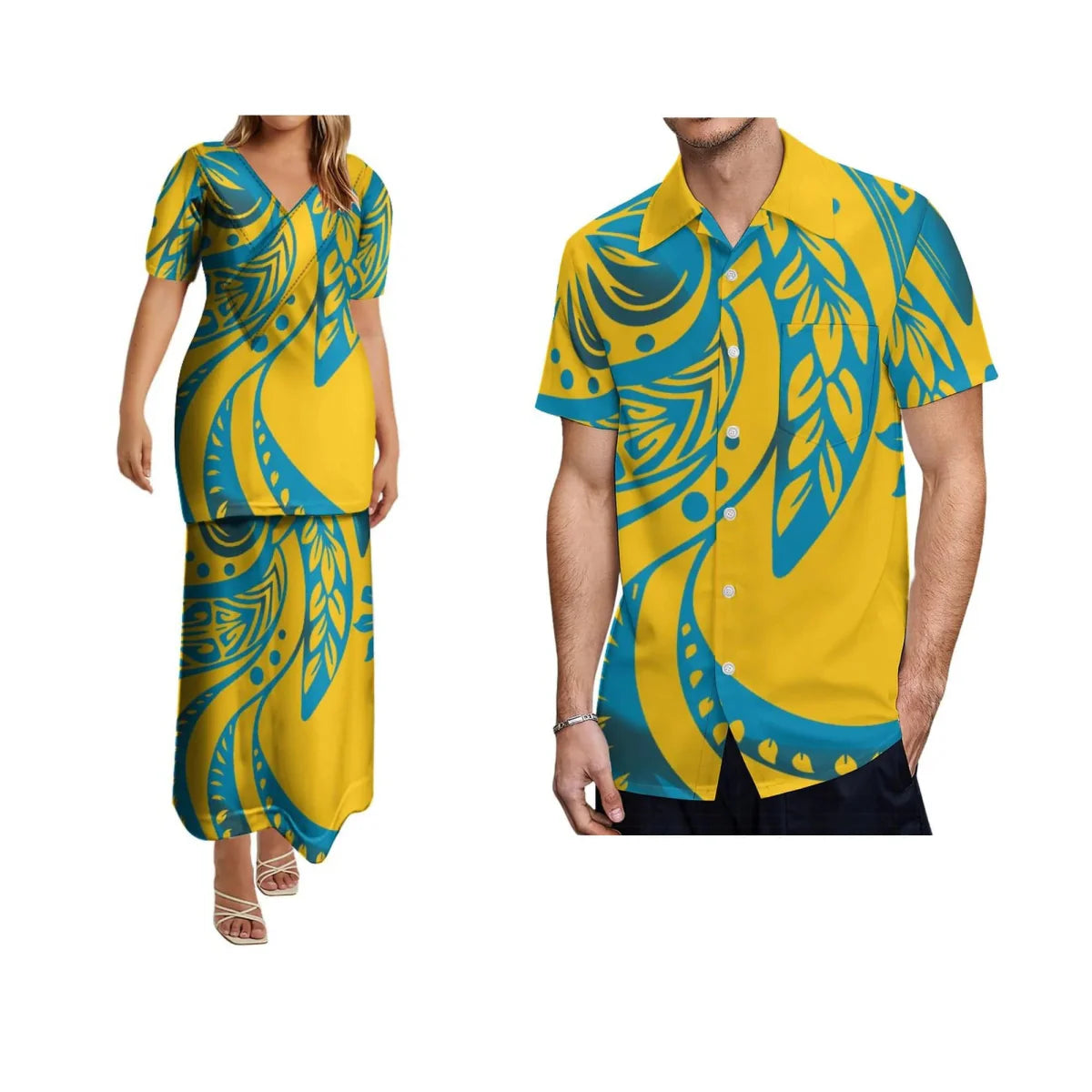 Couples wearing SHOWLU Polynesian print matching set with women's long skirt and men's shirt, suitable for parties and trips.