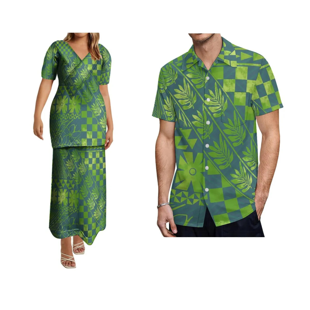 SHOWLU Polynesian print matching set with women's long skirt and men's shirt, featuring vibrant tropical designs for couples.