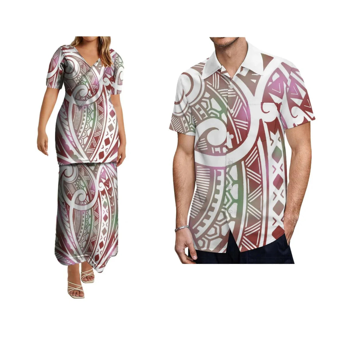 Polynesian print matching set with women's long skirt and men's shirt in vibrant, colorful patterns for couples' party wear.