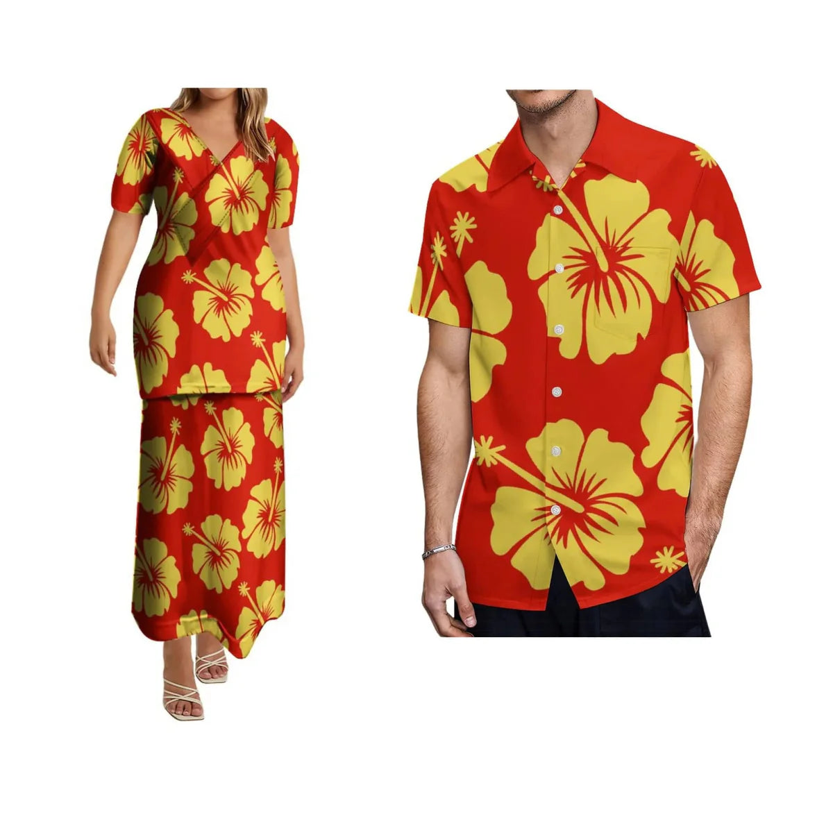 SHOWLU Polynesian print matching set with women's long skirt and men's shirt, featuring vibrant tropical patterns for couples.