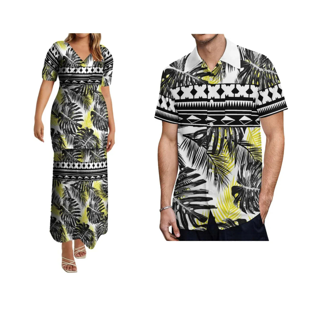 SHOWLU Polynesian print matching women's long skirt and men's shirt set, featuring vibrant tropical patterns for couples' fashion.