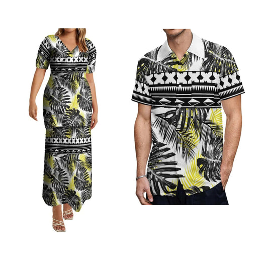 Couples Dress Party Trip 2024 New Polynesian Print Custom Puletasi Double Suit Women'S Long Skirt And Men'S Shirt - SHOWLU FASHION STORE