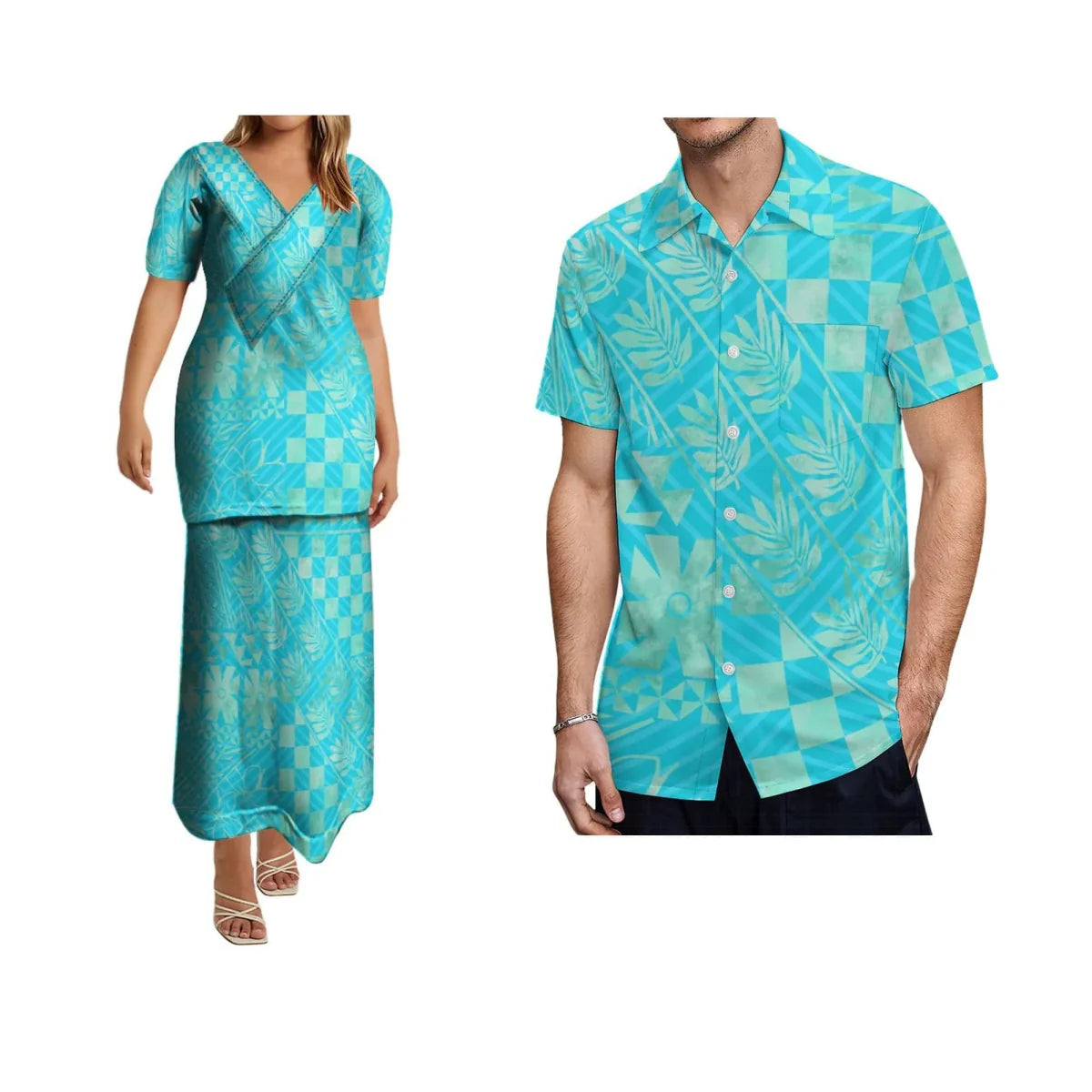 SHOWLU Polynesian print matching set with women's long skirt and men's shirt, featuring vibrant traditional Polynesian patterns.