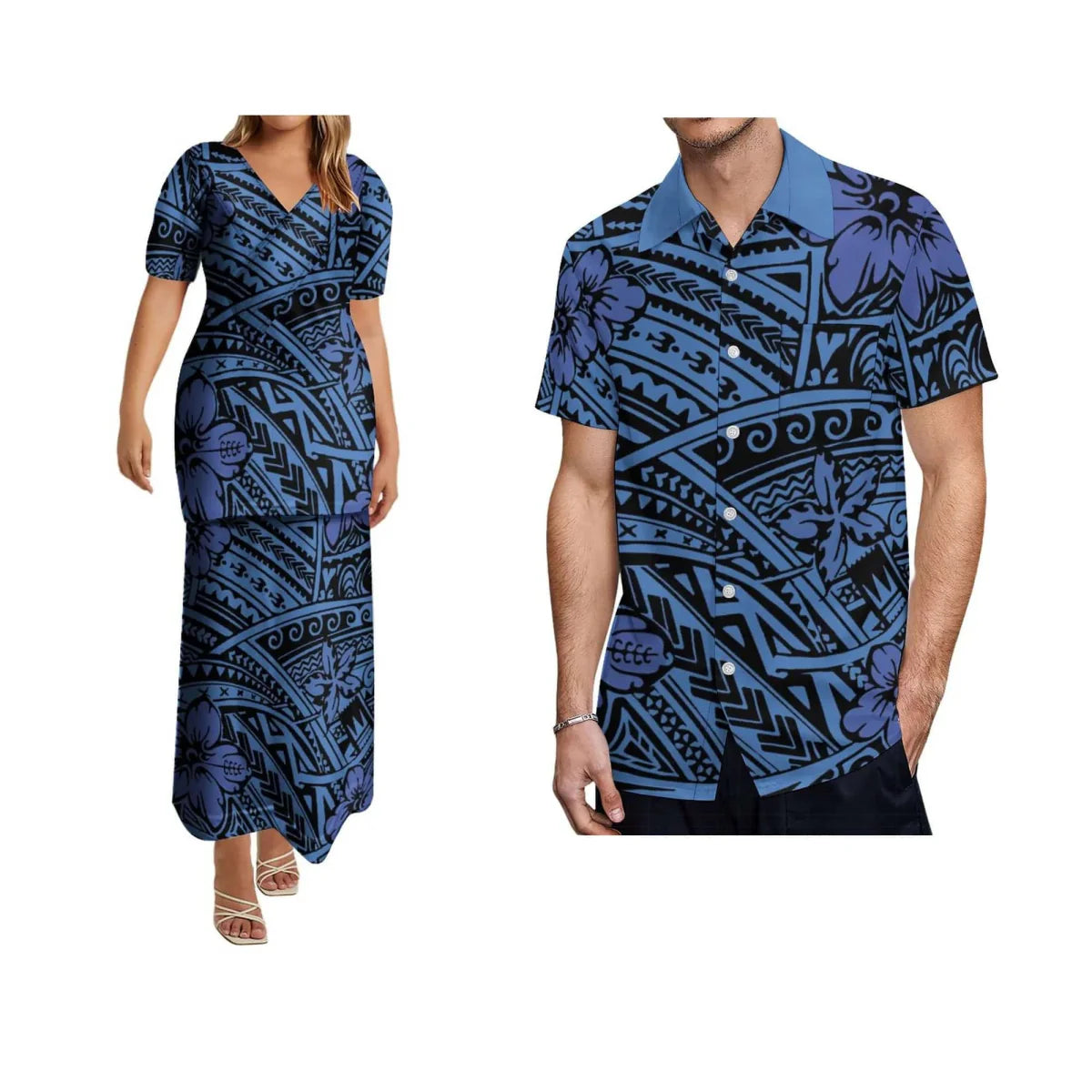 Couples matching Polynesian print long skirt and men's shirt set by SHOWLU FASHION STORE, featuring vibrant tropical patterns.