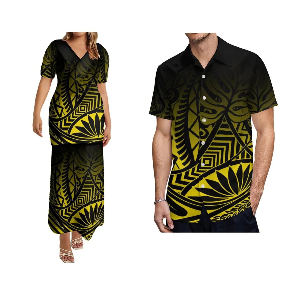 SHOWLU Polynesian print matching set with women's long skirt and men's shirt, featuring vibrant tropical patterns for couples.