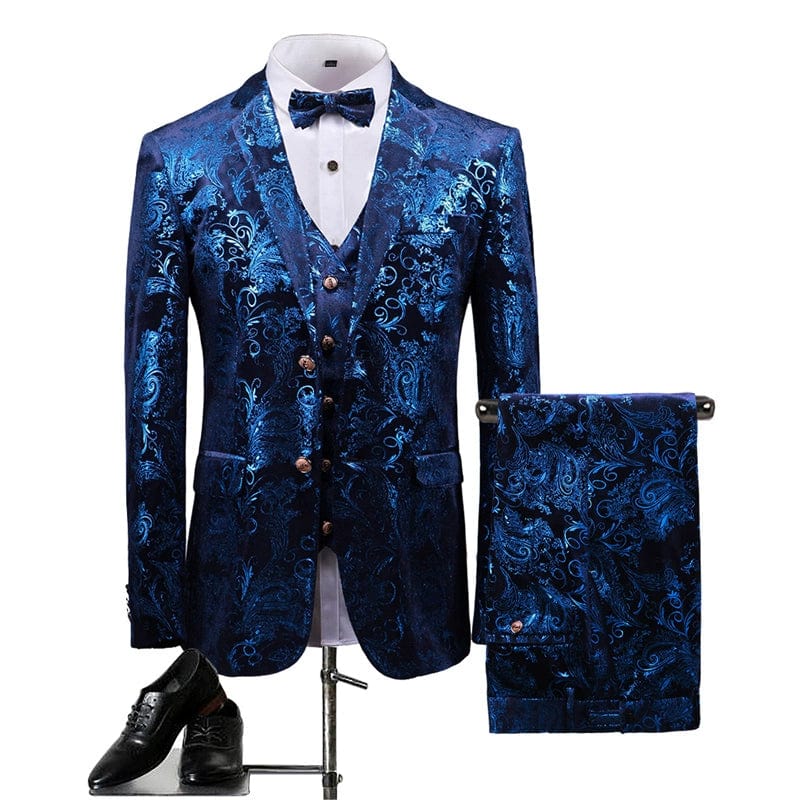 SHOWLU Men's floral bronzing hosting suit, 3-piece slim fit wedding set with printed casual design and court-style fit.