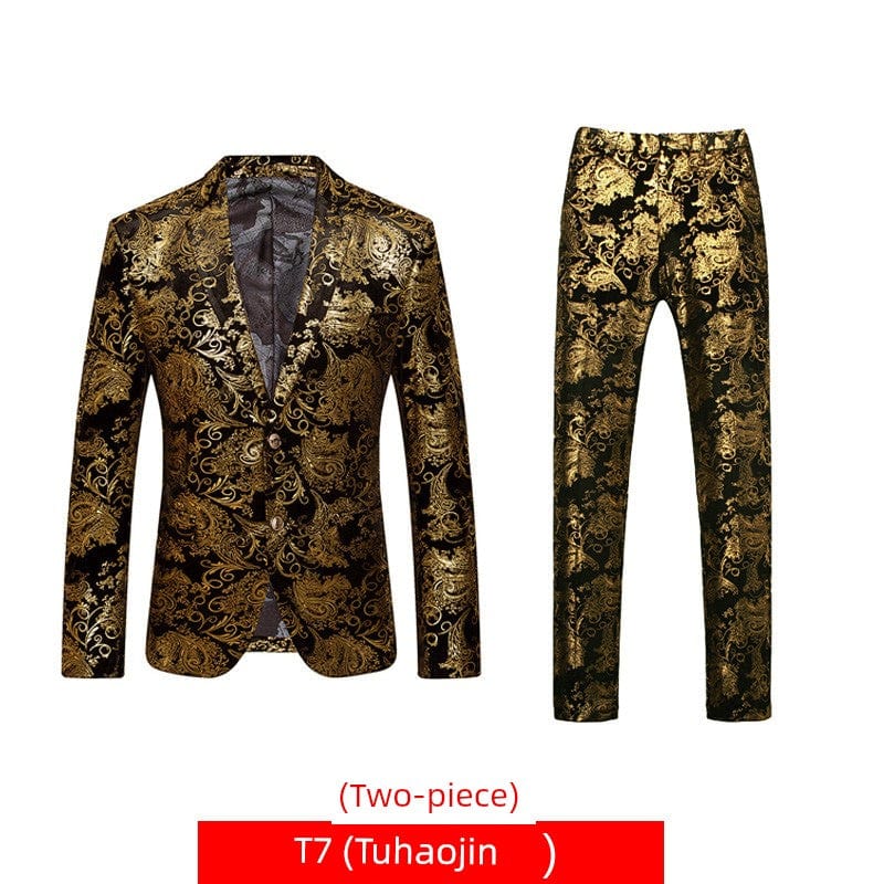 SHOWLU Men's floral bronzing hosting suit, 3-piece slim fit wedding set with printed casual design and court-style tailoring.