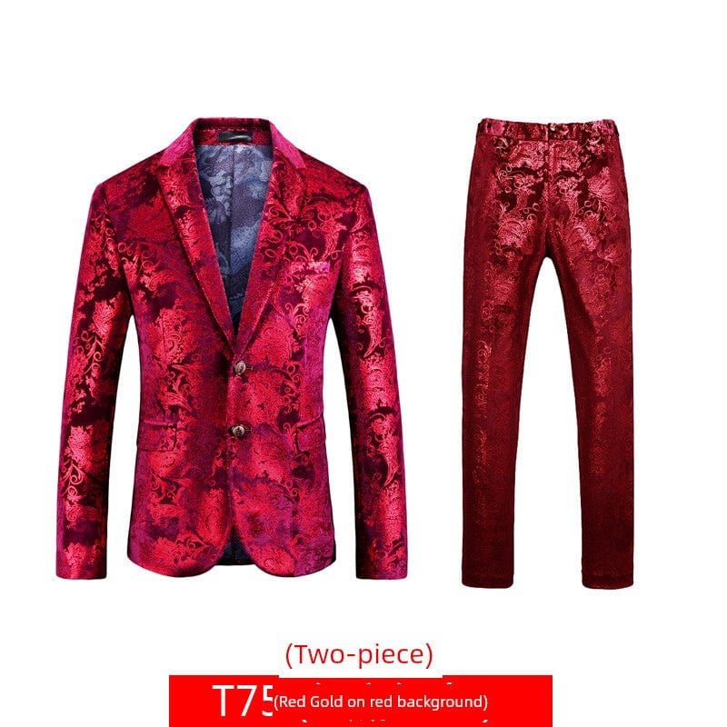 SHOWLU Men's floral bronzing hosting suit, 3-piece slim fit wedding set with floral print, casual court-style design.