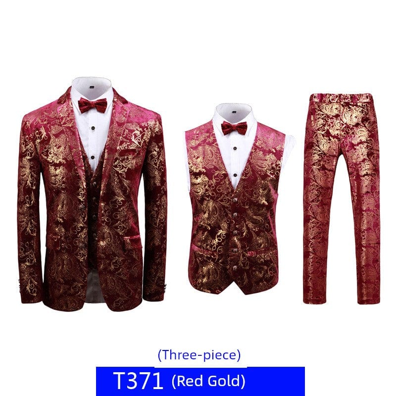 SHOWLU Men's floral bronzing hosting suit, 3-piece slim fit wedding set with printed court-style design, ideal for formal events.