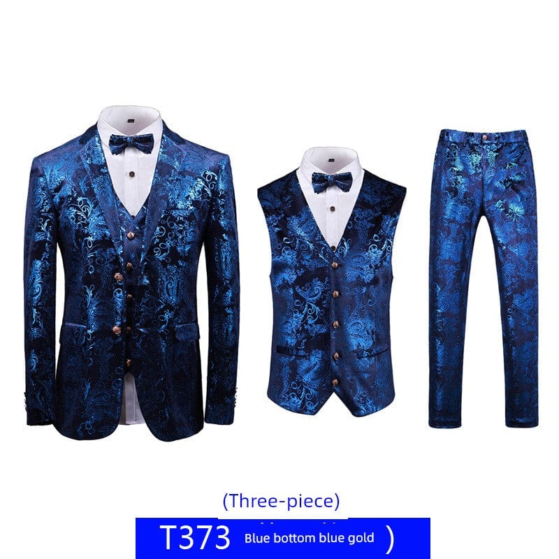 SHOWLU Men's floral bronzing 3-piece slim fit wedding hosting suit with printed casual style, perfect for formal events.