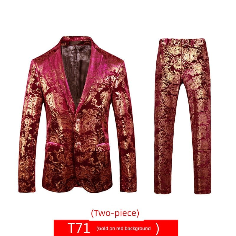 SHOWLU Men's floral bronzing hosting suit, 3-piece slim fit wedding set with printed casual design and court-style tailoring