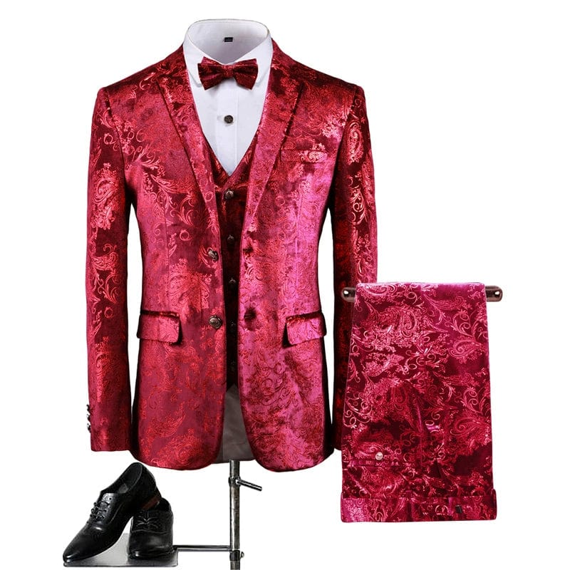 Men's floral bronzing hosting suit in 3-piece slim fit wedding set, featuring printed casual design for stylish occasions.