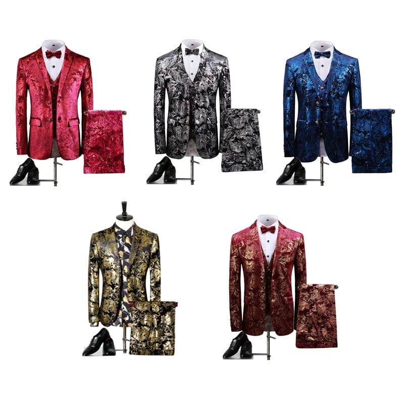 SHOWLU Men's floral bronzing hosting suit, 3-piece slim fit wedding set, featuring a printed blazer, vest, and trousers for formal events.