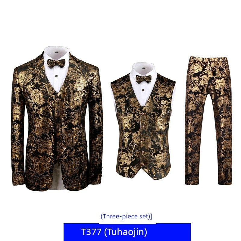 SHOWLU Men's floral bronzing hosting suit, 3-piece slim fit wedding set with printed casual court-style design and floral pattern.