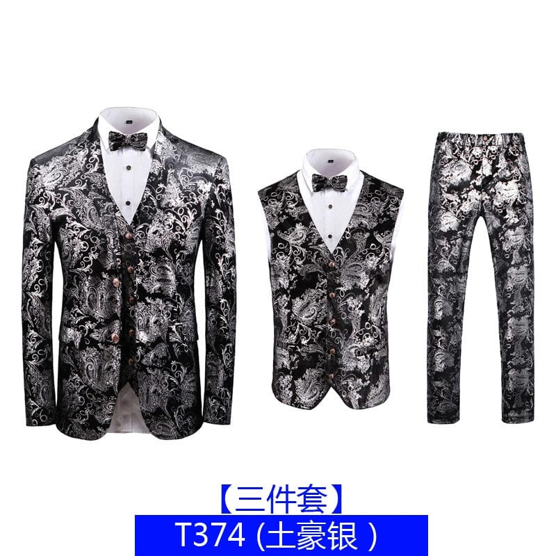 SHOWLU Men's floral bronzing hosting suit, 3-piece slim fit wedding set with printed casual design, suitable for formal events.