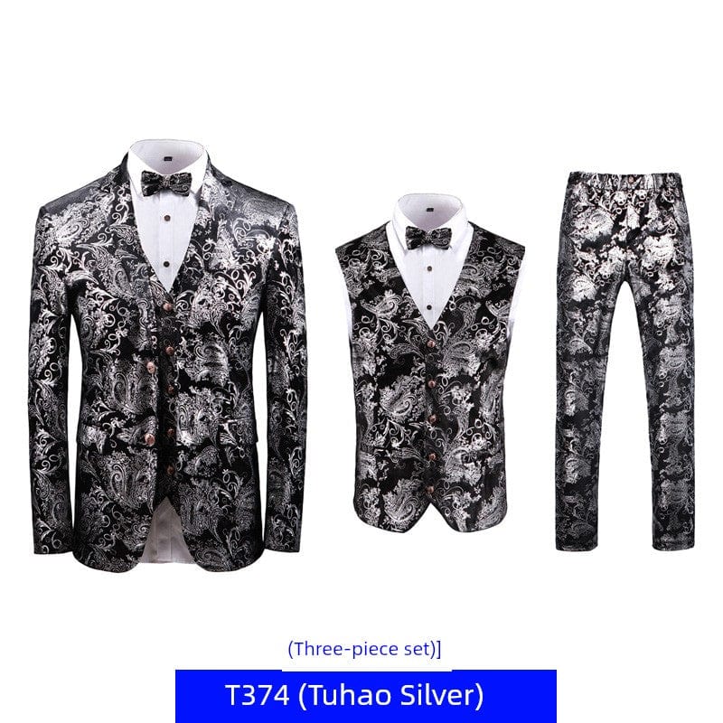 SHOWLU Men's floral bronzing hosting suit, 3-piece slim fit wedding set with printed casual court style for special occasions.