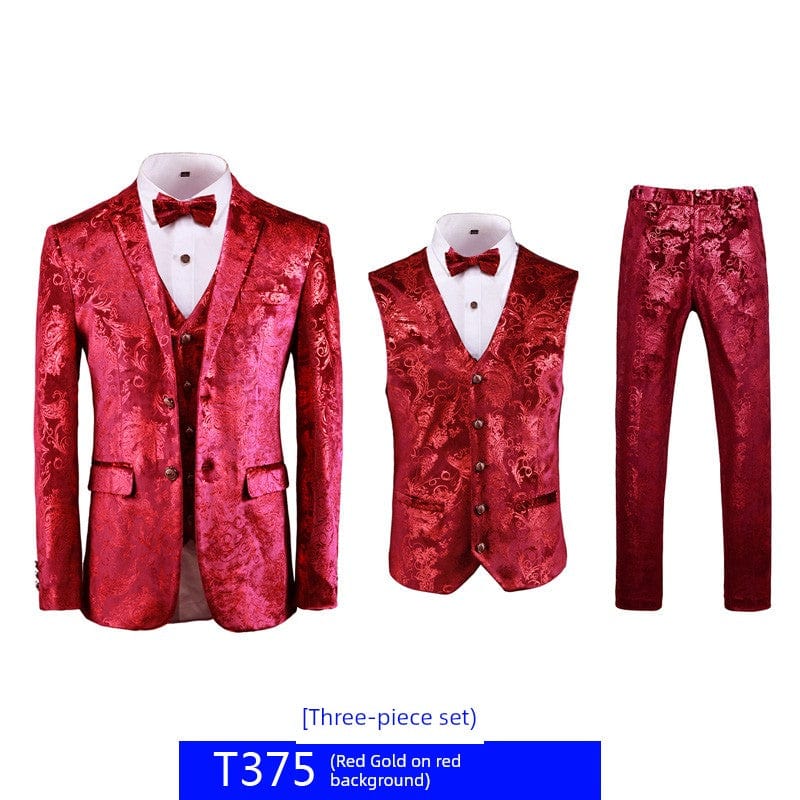 SHOWLU Men's floral bronzing 3-piece slim fit wedding hosting suit with printed design for formal events.