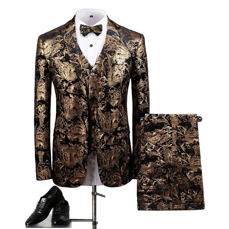 SHOWLU Men's floral bronzing hosting suit, 3-piece slim fit wedding set with printed casual design and court-style details.