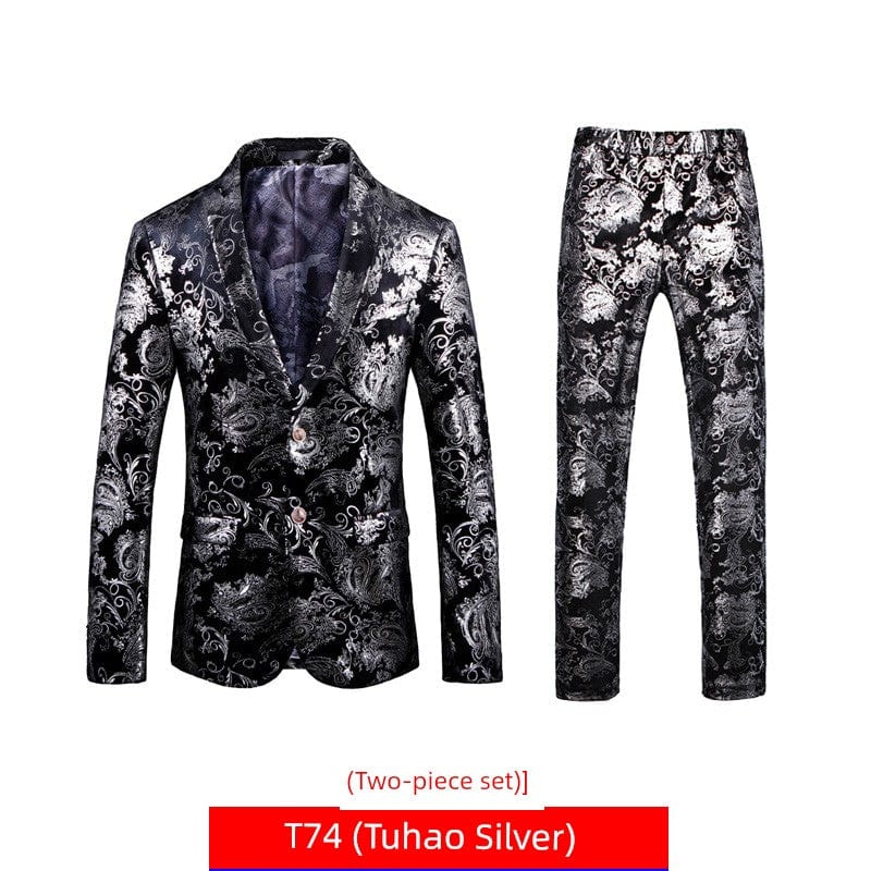 SHOWLU Men's floral bronzing hosting suit, 3-piece slim fit wedding set with printed casual style for formal occasions.